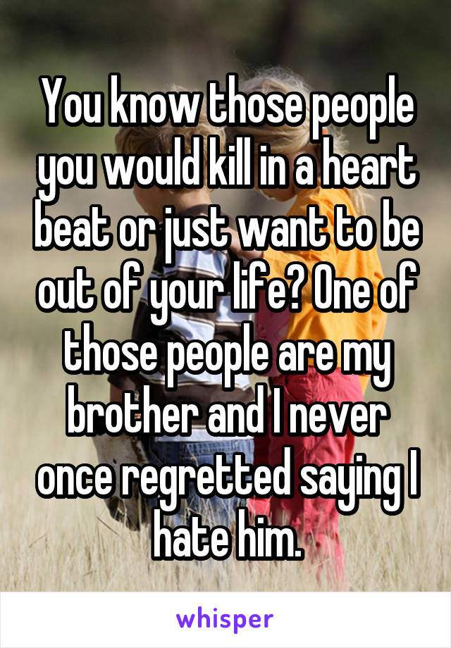 You know those people you would kill in a heart beat or just want to be out of your life? One of those people are my brother and I never once regretted saying I hate him.