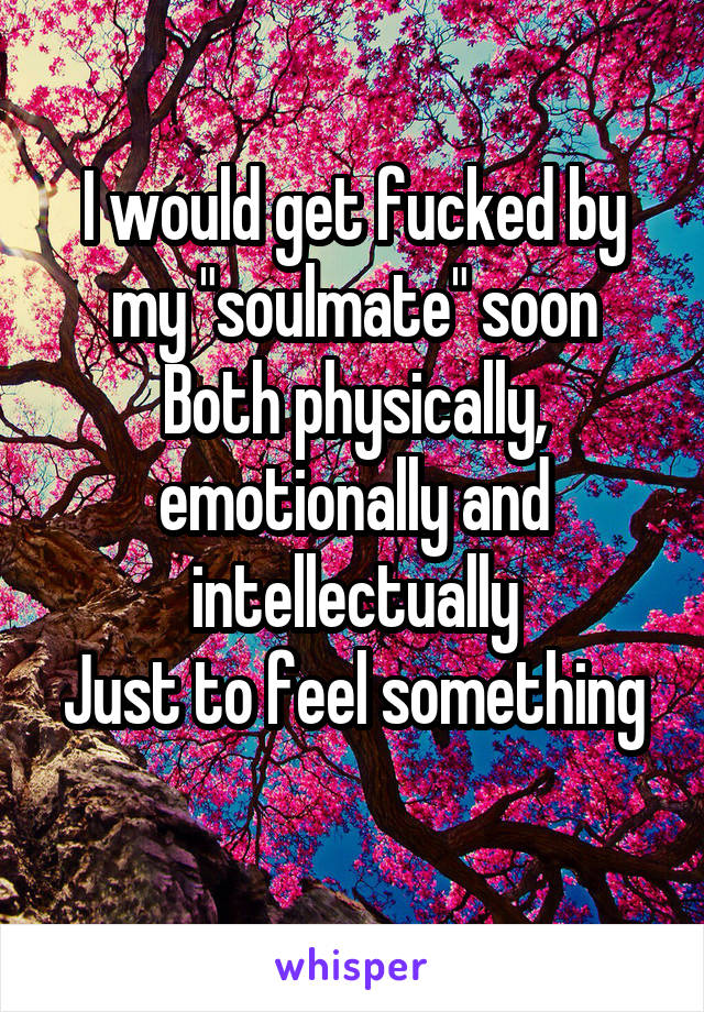 I would get fucked by my "soulmate" soon
Both physically, emotionally and intellectually
Just to feel something 