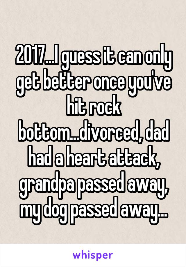 2017...I guess it can only get better once you've hit rock bottom...divorced, dad had a heart attack, grandpa passed away, my dog passed away...