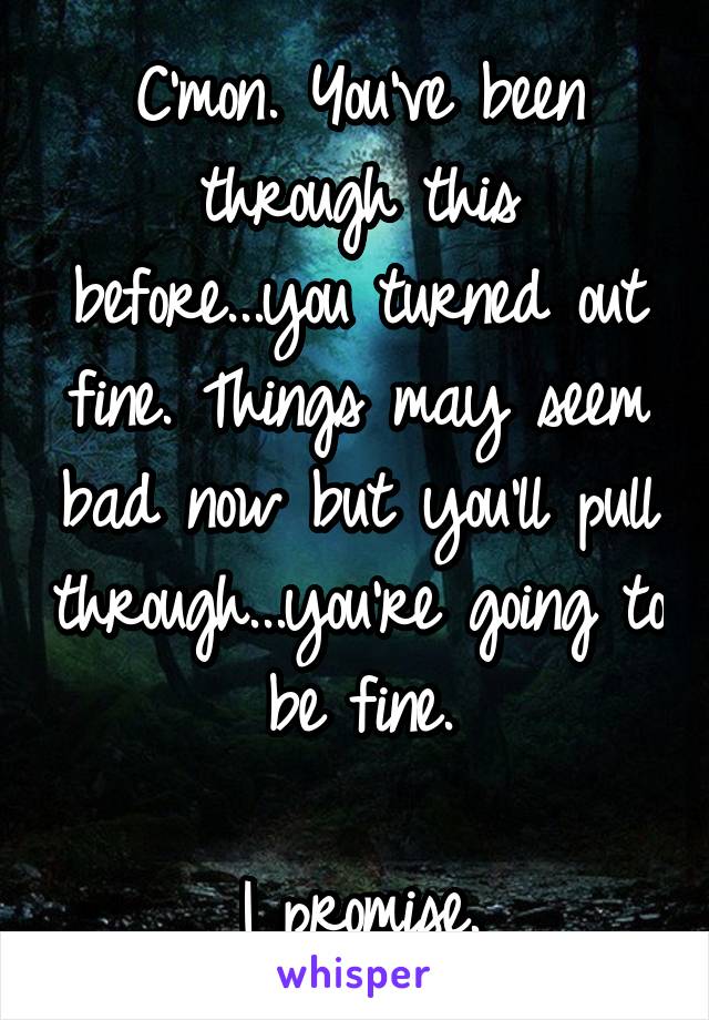 C'mon. You've been through this before...you turned out fine. Things may seem bad now but you'll pull through...you're going to be fine.

I promise.