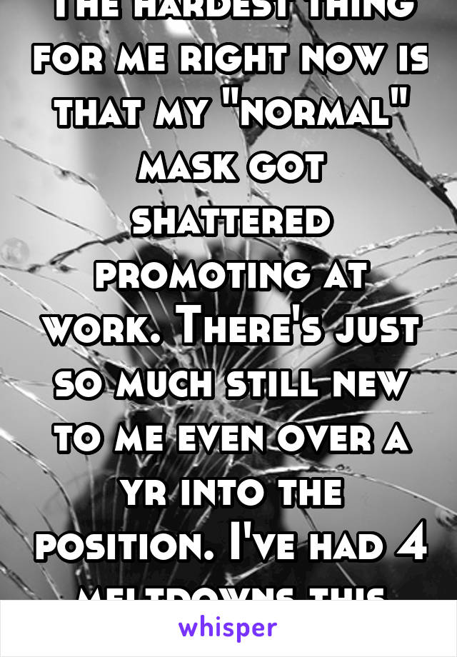 The hardest thing for me right now is that my "normal" mask got shattered promoting at work. There's just so much still new to me even over a yr into the position. I've had 4 meltdowns this week!!