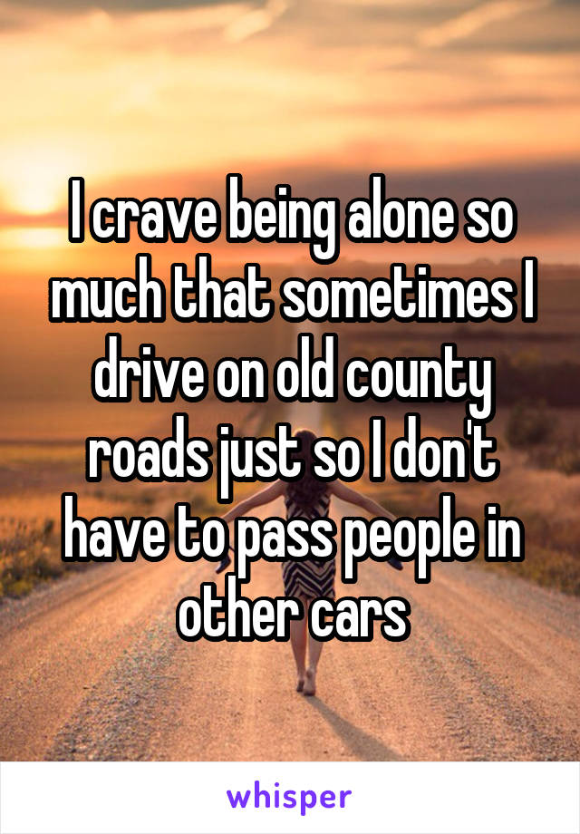 I crave being alone so much that sometimes I drive on old county roads just so I don't have to pass people in other cars