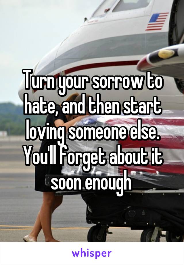 Turn your sorrow to hate, and then start loving someone else. You'll forget about it soon enough 