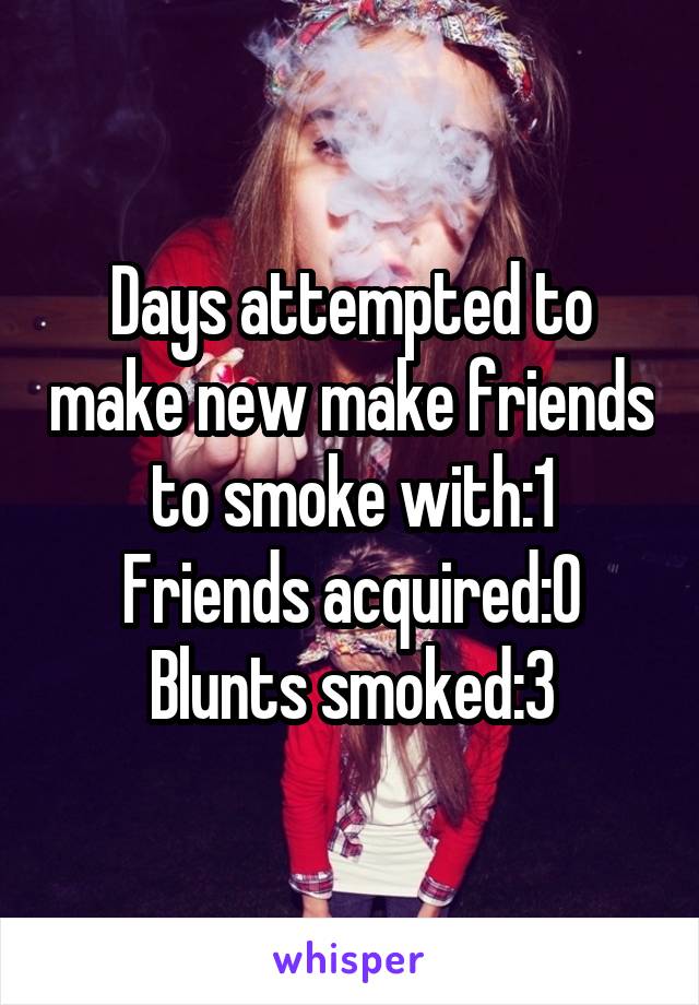 Days attempted to make new make friends to smoke with:1
Friends acquired:0
Blunts smoked:3