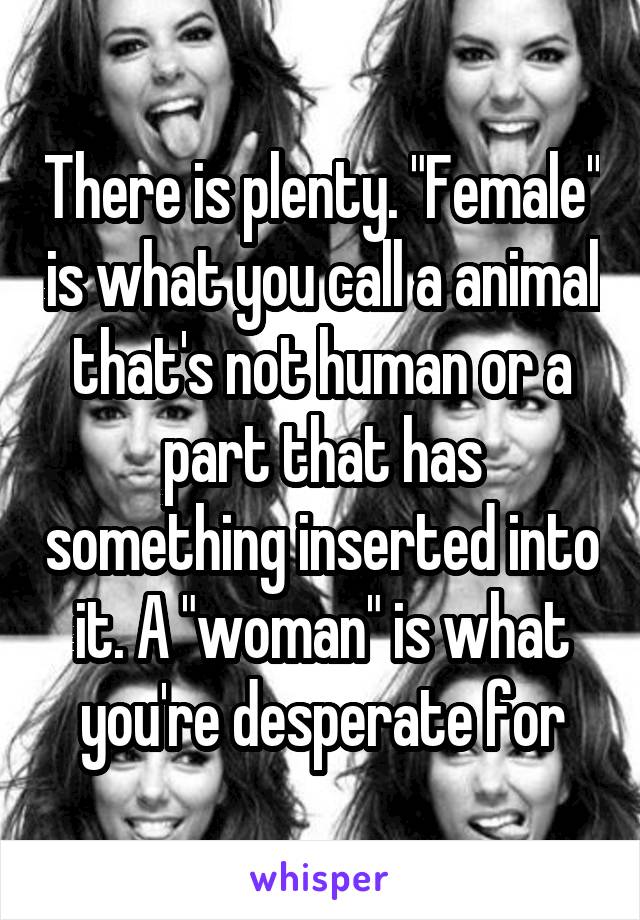 There is plenty. "Female" is what you call a animal that's not human or a part that has something inserted into it. A "woman" is what you're desperate for
