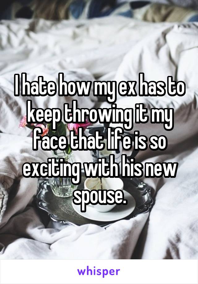 I hate how my ex has to keep throwing it my face that life is so exciting with his new spouse.