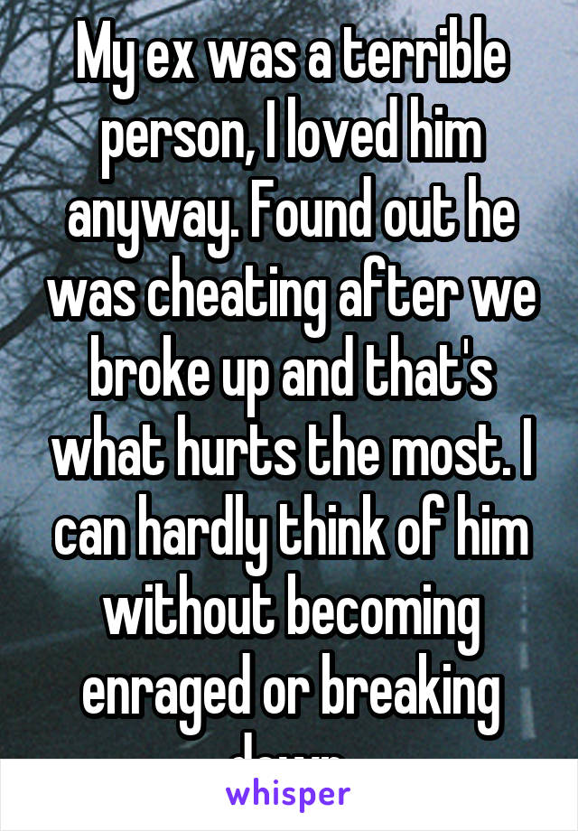 My ex was a terrible person, I loved him anyway. Found out he was cheating after we broke up and that's what hurts the most. I can hardly think of him without becoming enraged or breaking down.