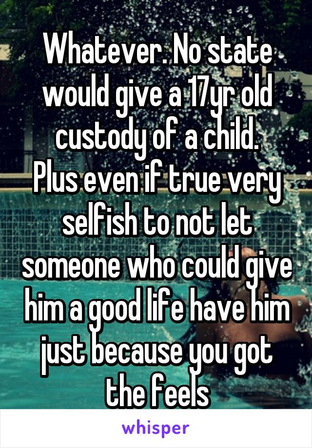 Whatever. No state would give a 17yr old custody of a child.
Plus even if true very selfish to not let someone who could give him a good life have him just because you got the feels