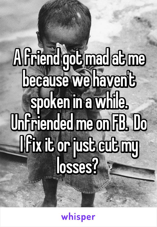 A friend got mad at me because we haven't spoken in a while. Unfriended me on FB.  Do I fix it or just cut my losses? 