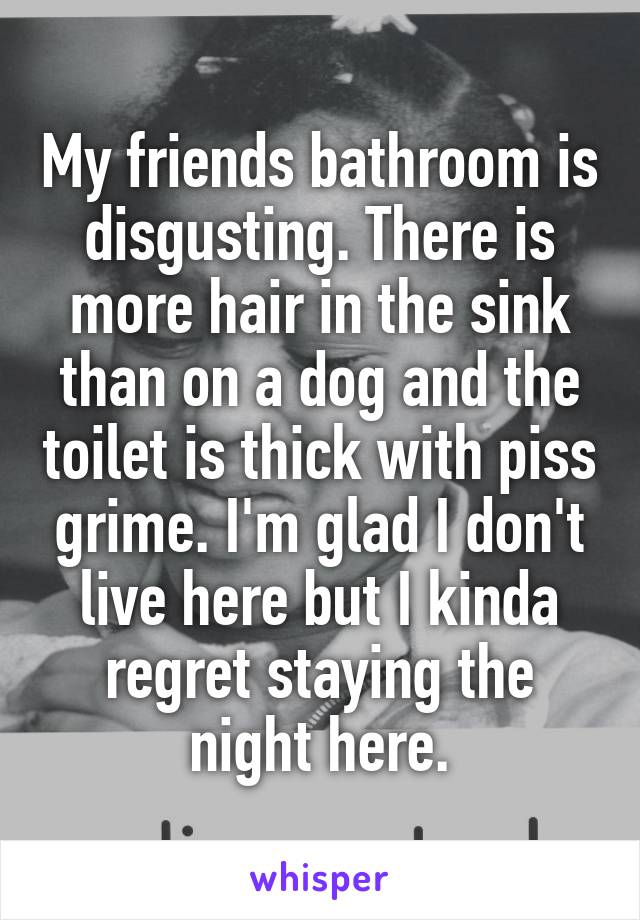 My friends bathroom is disgusting. There is more hair in the sink than on a dog and the toilet is thick with piss grime. I'm glad I don't live here but I kinda regret staying the night here.