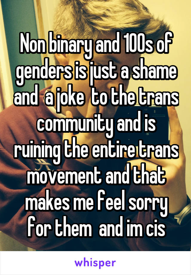 Non binary and 100s of genders is just a shame and  a joke  to the trans community and is ruining the entire trans movement and that makes me feel sorry for them  and im cis