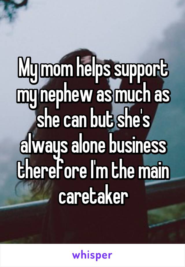 My mom helps support my nephew as much as she can but she's always alone business therefore I'm the main caretaker