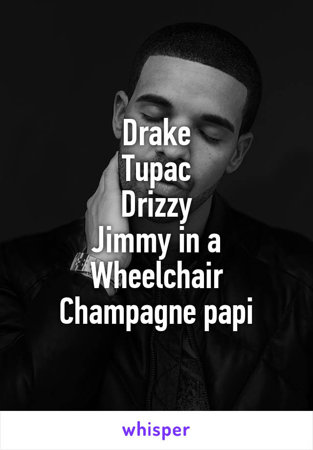 Drake
Tupac
Drizzy
Jimmy in a Wheelchair
Champagne papi