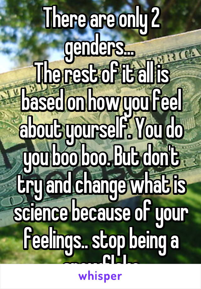 There are only 2 genders... 
The rest of it all is based on how you feel about yourself. You do you boo boo. But don't try and change what is science because of your feelings.. stop being a snowflake