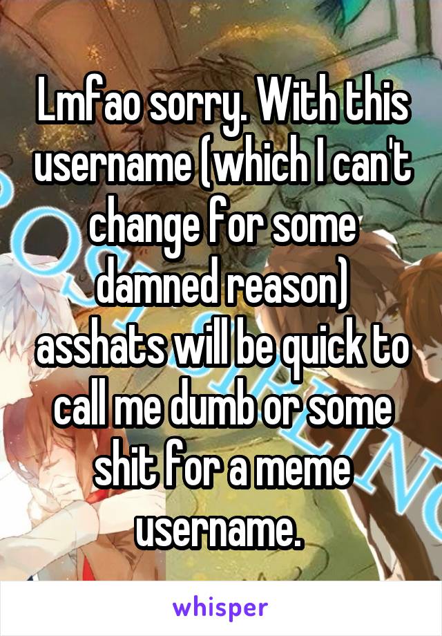 Lmfao sorry. With this username (which I can't change for some damned reason) asshats will be quick to call me dumb or some shit for a meme username. 