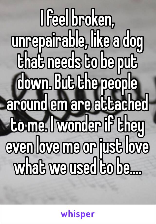 I feel broken, unrepairable, like a dog that needs to be put down. But the people around em are attached to me. I wonder if they even love me or just love what we used to be.…