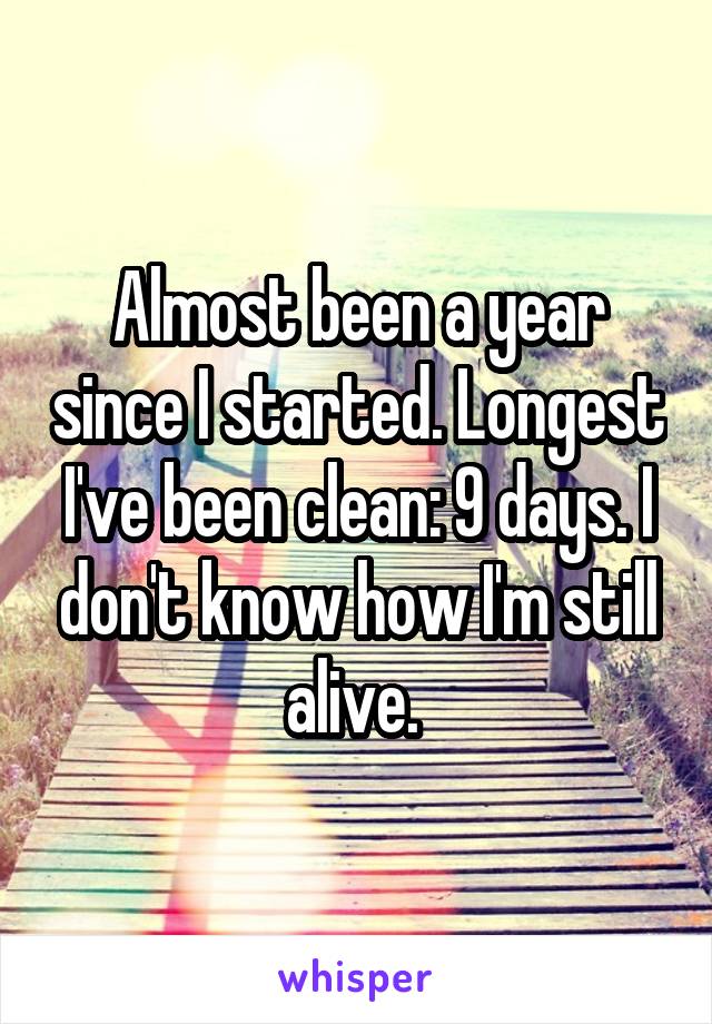 Almost been a year since I started. Longest I've been clean: 9 days. I don't know how I'm still alive. 