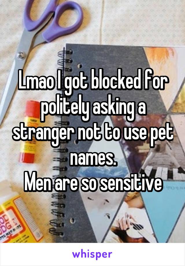 Lmao I got blocked for politely asking a stranger not to use pet names.
Men are so sensitive