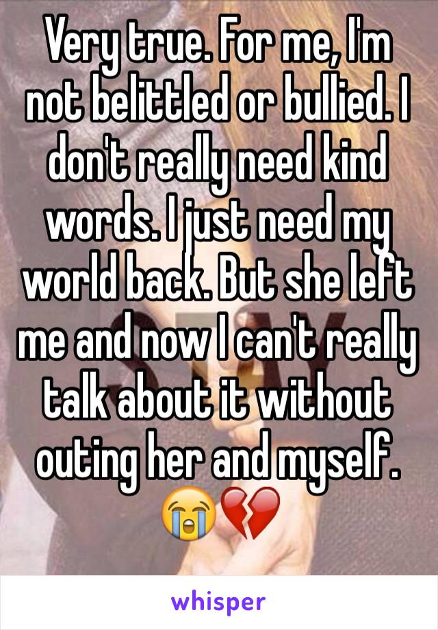 Very true. For me, I'm not belittled or bullied. I don't really need kind words. I just need my world back. But she left me and now I can't really talk about it without outing her and myself. 😭💔