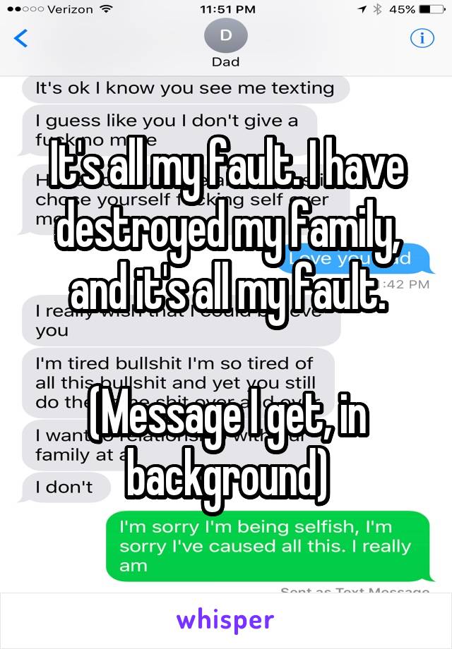 It's all my fault. I have destroyed my family, and it's all my fault.

(Message I get, in background)