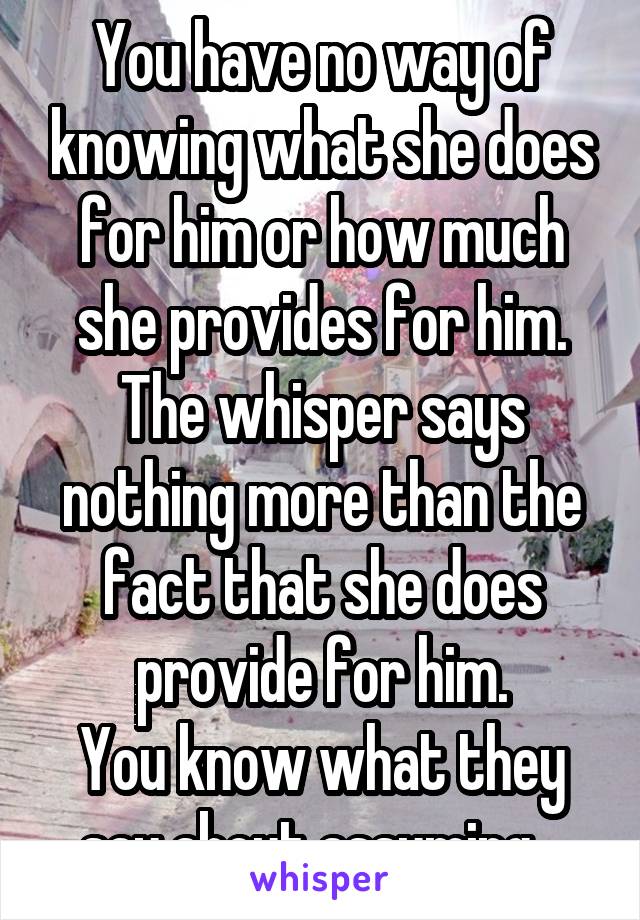 You have no way of knowing what she does for him or how much she provides for him. The whisper says nothing more than the fact that she does provide for him.
You know what they say about assuming...