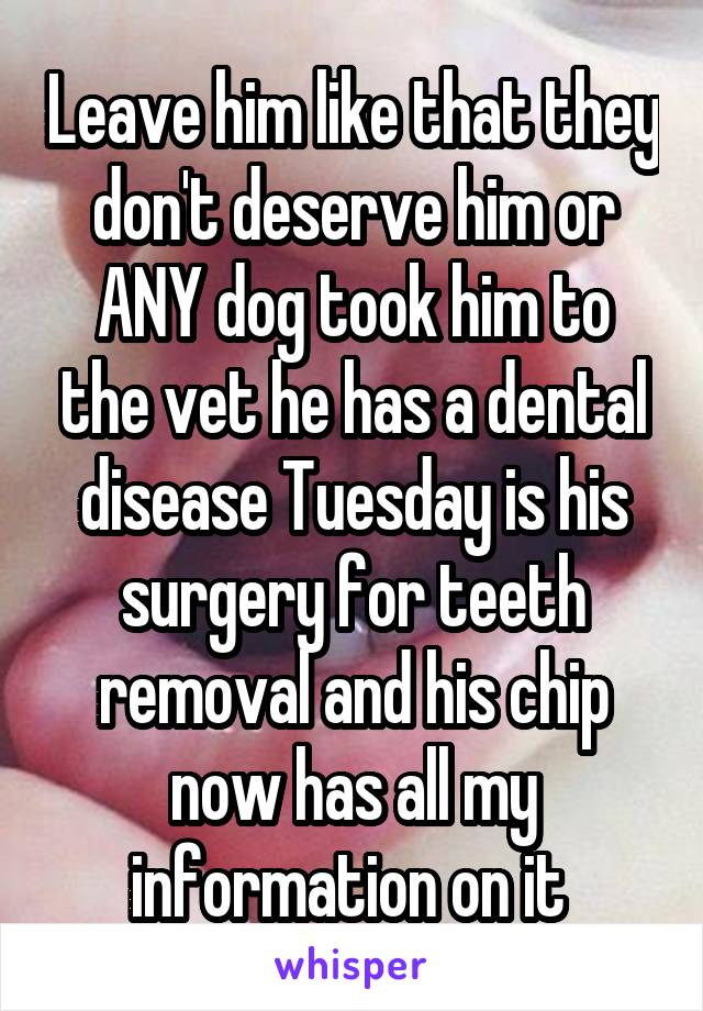 Leave him like that they don't deserve him or ANY dog took him to the vet he has a dental disease Tuesday is his surgery for teeth removal and his chip now has all my information on it 