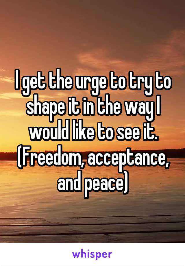 I get the urge to try to shape it in the way I would like to see it. (Freedom, acceptance, and peace)