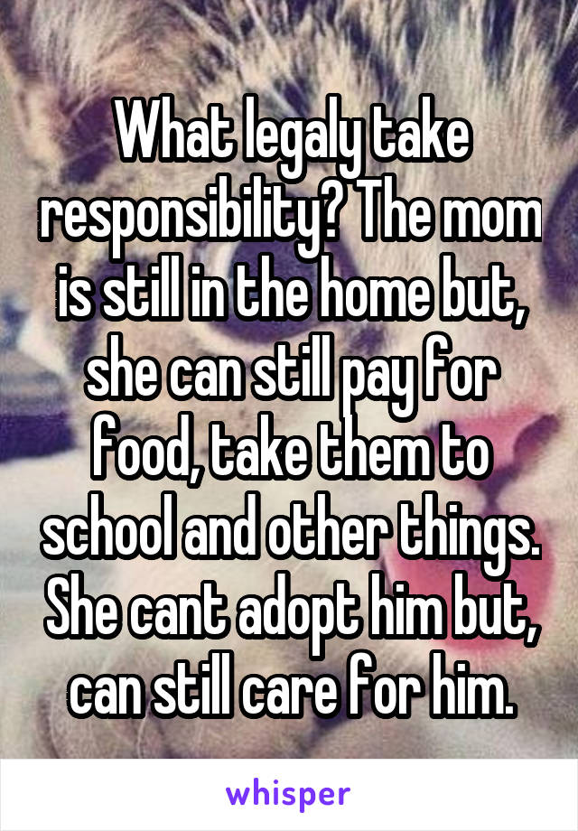 What legaly take responsibility? The mom is still in the home but, she can still pay for food, take them to school and other things. She cant adopt him but, can still care for him.