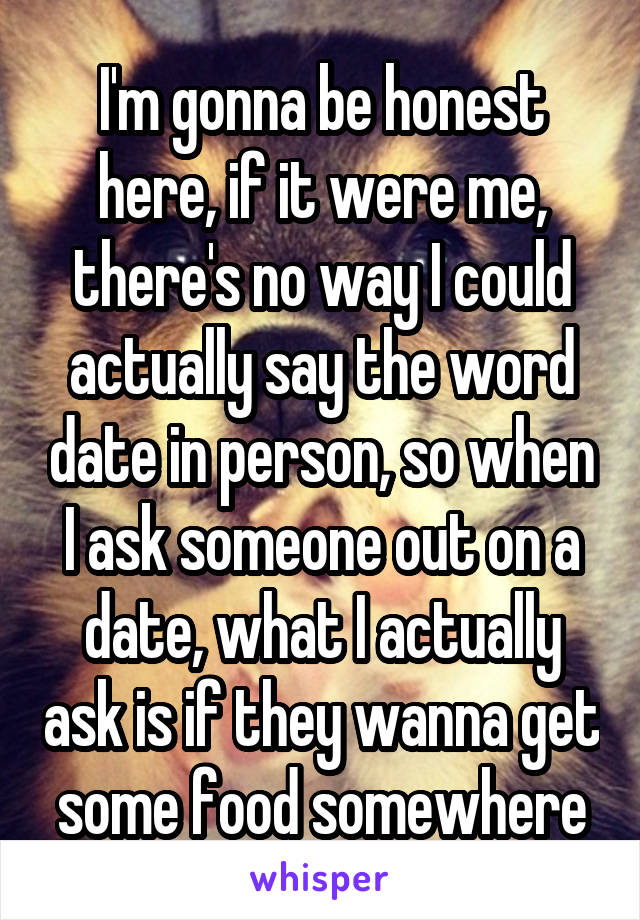 I'm gonna be honest here, if it were me, there's no way I could actually say the word date in person, so when I ask someone out on a date, what I actually ask is if they wanna get some food somewhere