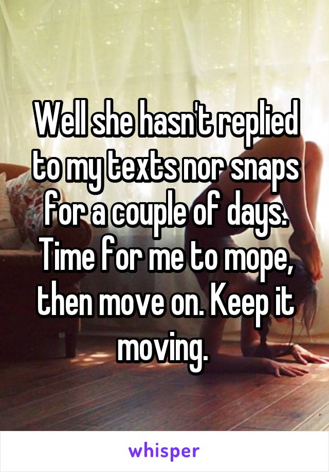 Well she hasn't replied to my texts nor snaps for a couple of days. Time for me to mope, then move on. Keep it moving. 