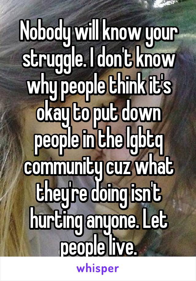 Nobody will know your struggle. I don't know why people think it's okay to put down people in the lgbtq community cuz what they're doing isn't hurting anyone. Let people live.