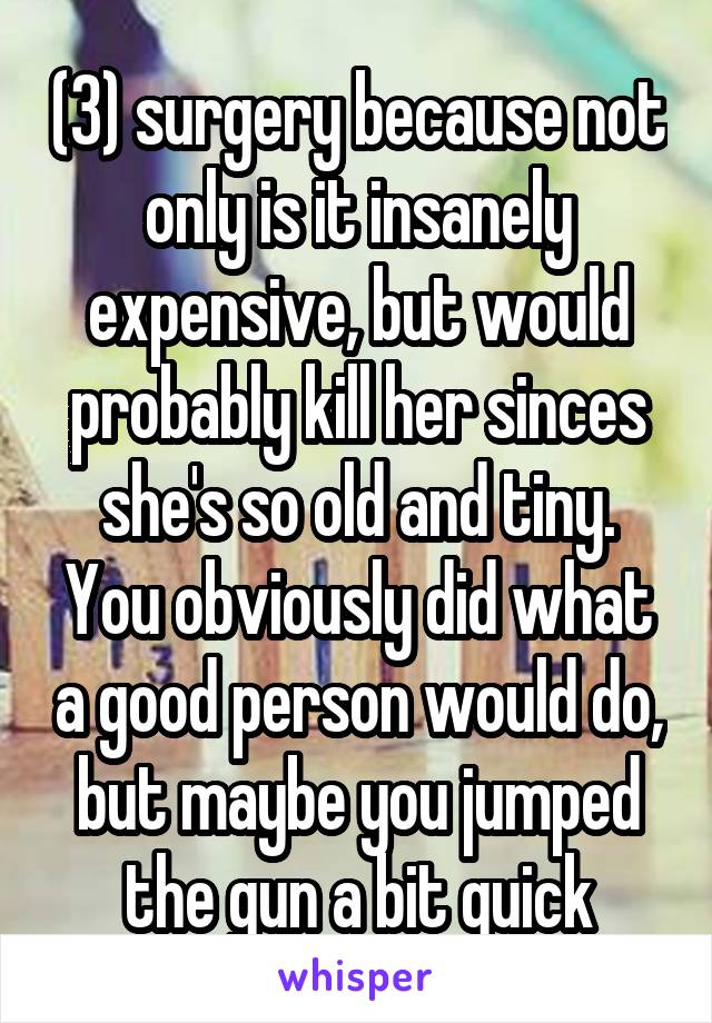 (3) surgery because not only is it insanely expensive, but would probably kill her sinces she's so old and tiny. You obviously did what a good person would do, but maybe you jumped the gun a bit quick