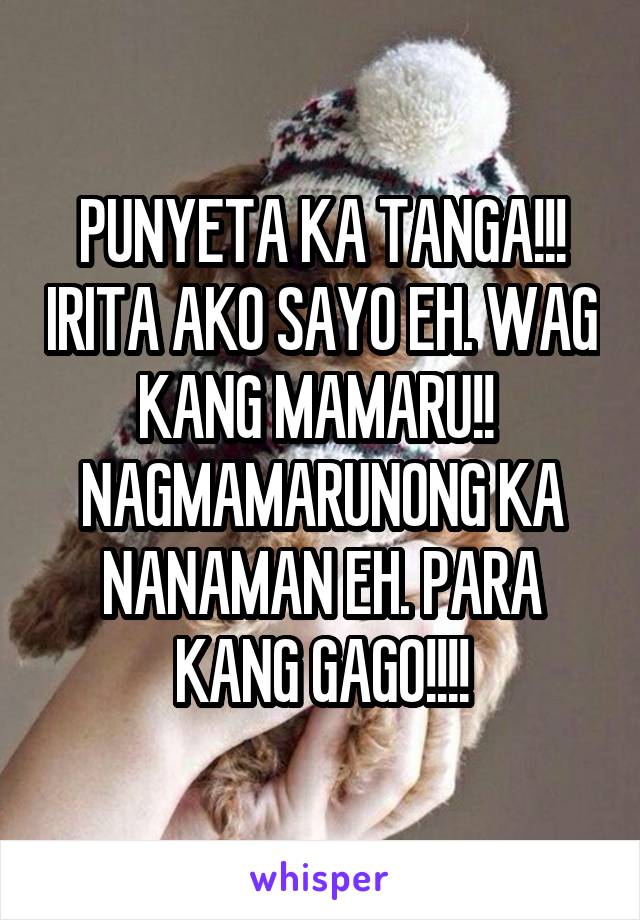 PUNYETA KA TANGA!!! IRITA AKO SAYO EH. WAG KANG MAMARU!!  NAGMAMARUNONG KA NANAMAN EH. PARA KANG GAGO!!!!