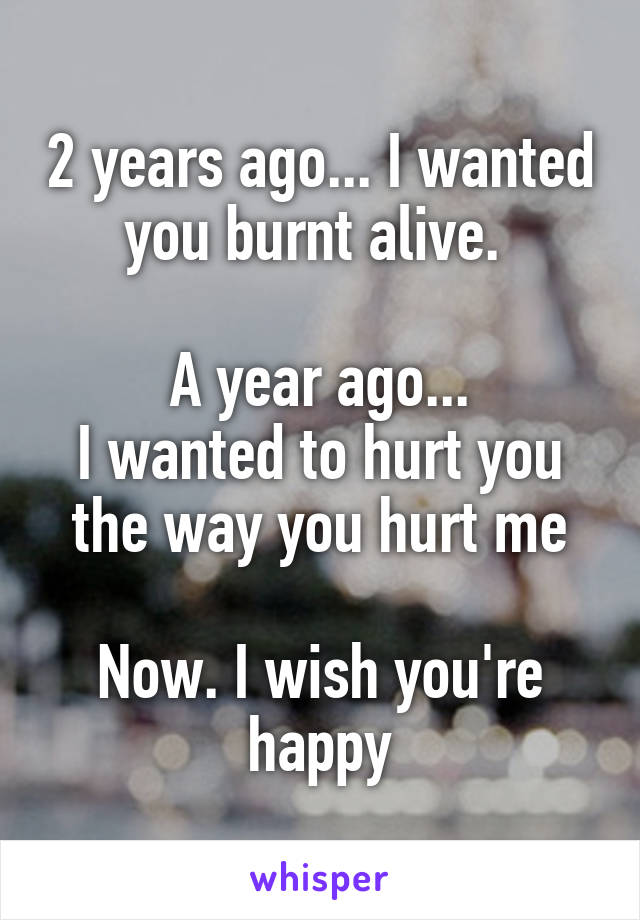 2 years ago... I wanted you burnt alive. 

A year ago...
I wanted to hurt you the way you hurt me

Now. I wish you're happy