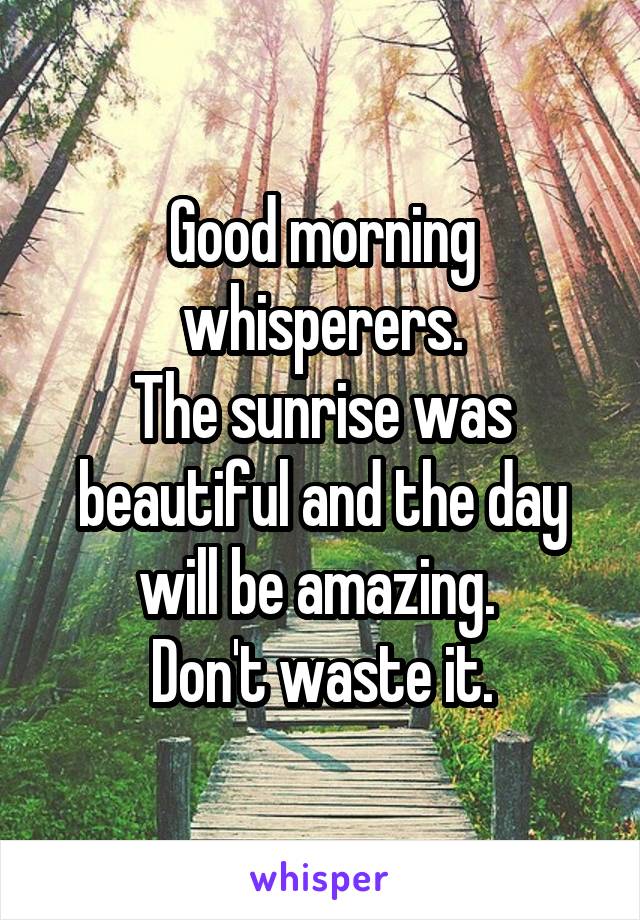 Good morning whisperers.
The sunrise was beautiful and the day will be amazing. 
Don't waste it.