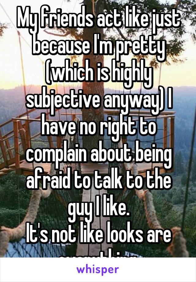 My friends act like just because I'm pretty (which is highly subjective anyway) I have no right to complain about being afraid to talk to the guy I like.
It's not like looks are everything.