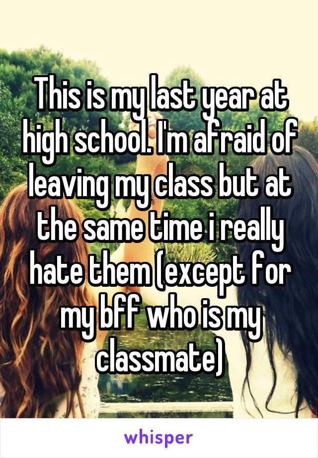This is my last year at high school. I'm afraid of leaving my class but at the same time i really hate them (except for my bff who is my classmate)