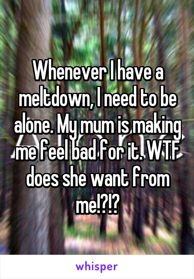 Whenever I have a meltdown, I need to be alone. My mum is making me feel bad for it. WTF does she want from me!?!?