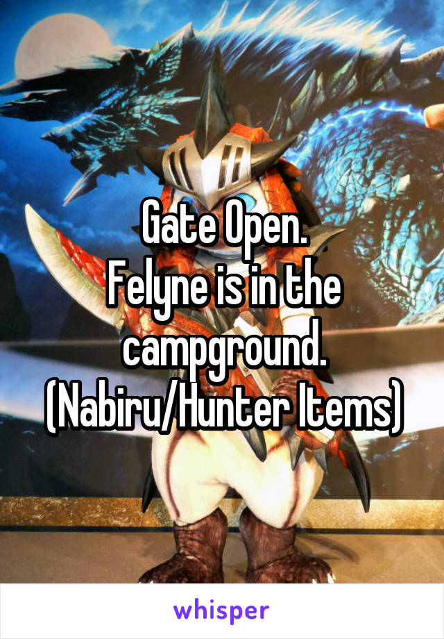 Gate Open.
Felyne is in the
campground.
(Nabiru/Hunter Items)