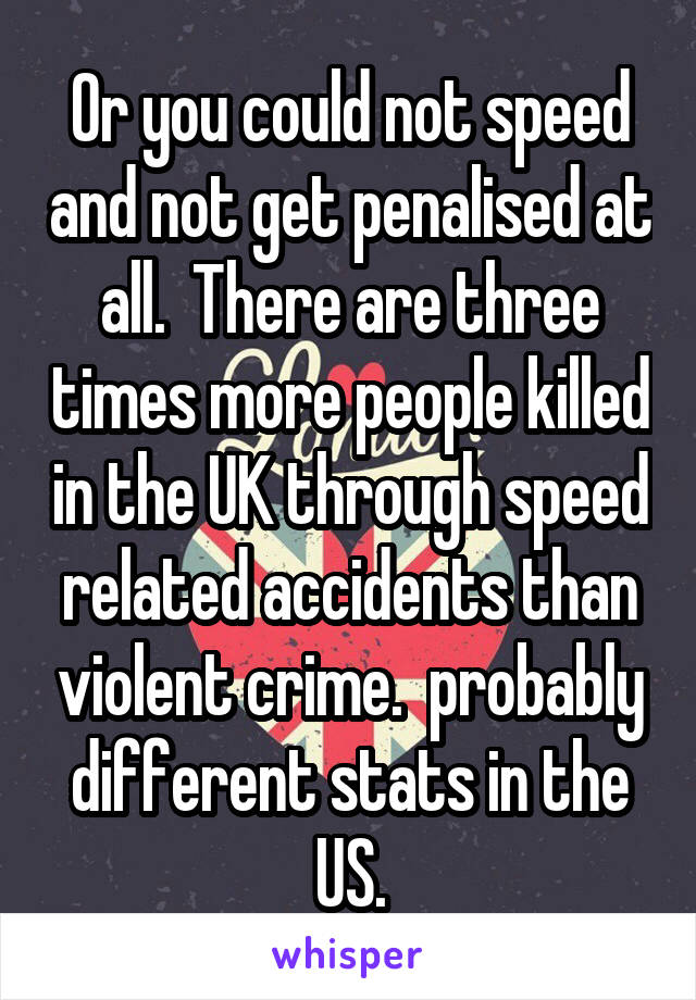 Or you could not speed and not get penalised at all.  There are three times more people killed in the UK through speed related accidents than violent crime.  probably different stats in the US.