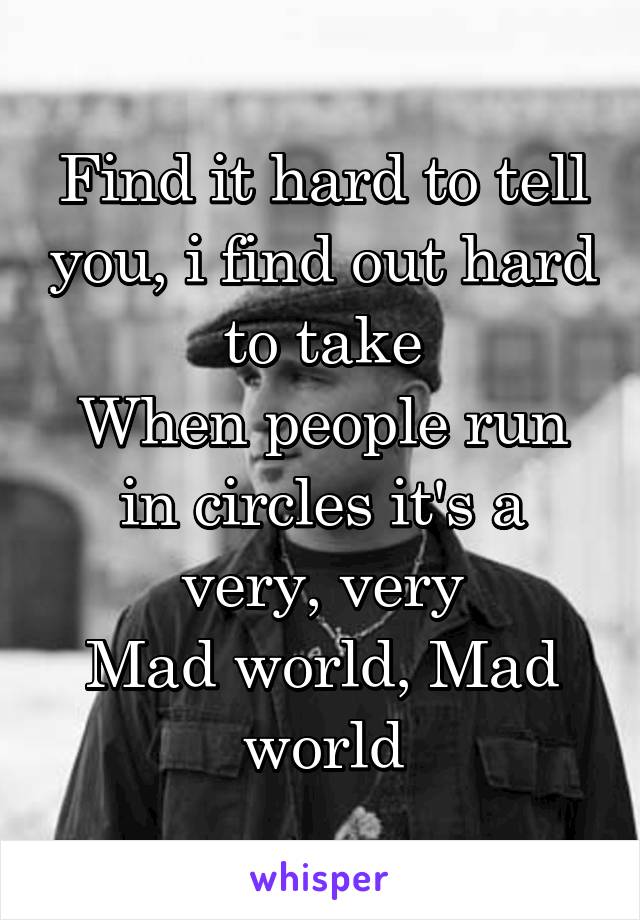 Find it hard to tell you, i find out hard to take
When people run in circles it's a very, very
Mad world, Mad world