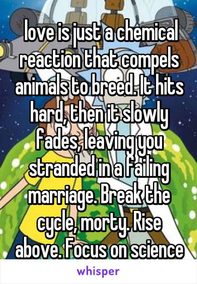  love is just a chemical reaction that compels animals to breed. It hits hard, then it slowly fades, leaving you stranded in a failing marriage. Break the cycle, morty. Rise above. Focus on science