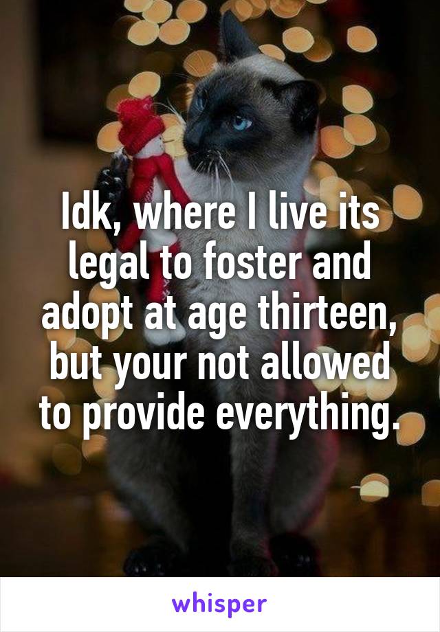 Idk, where I live its legal to foster and adopt at age thirteen, but your not allowed to provide everything.