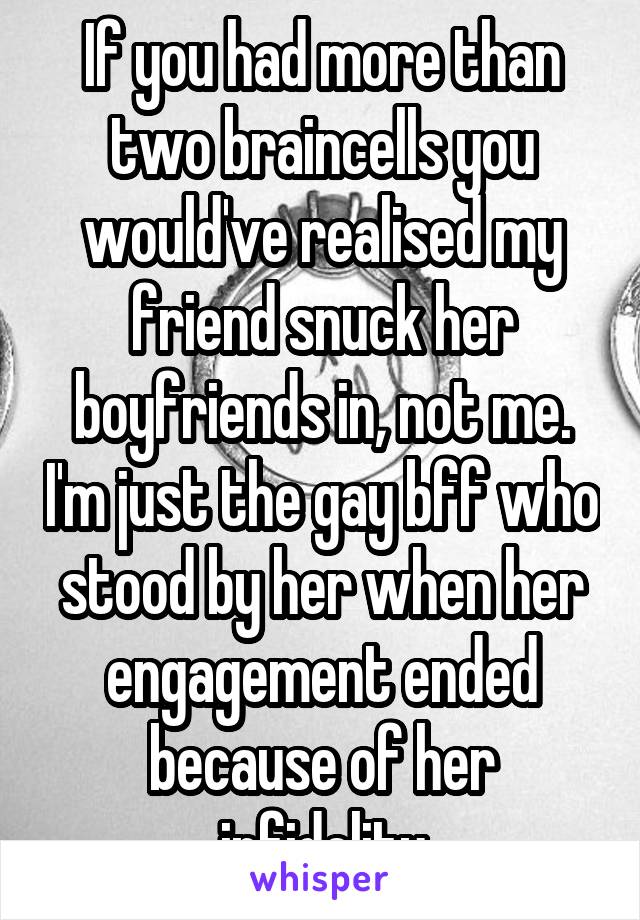 If you had more than two braincells you would've realised my friend snuck her boyfriends in, not me. I'm just the gay bff who stood by her when her engagement ended because of her infidelity