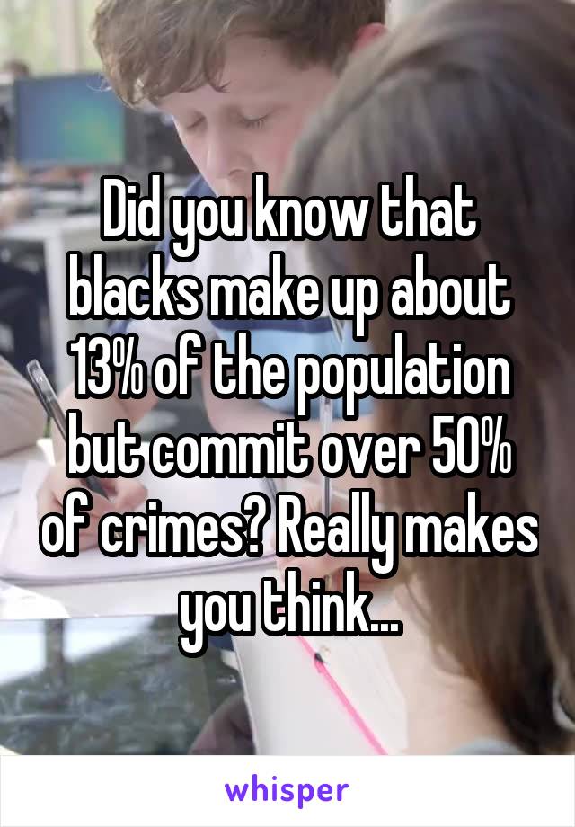 Did you know that blacks make up about 13% of the population but commit over 50% of crimes? Really makes you think...