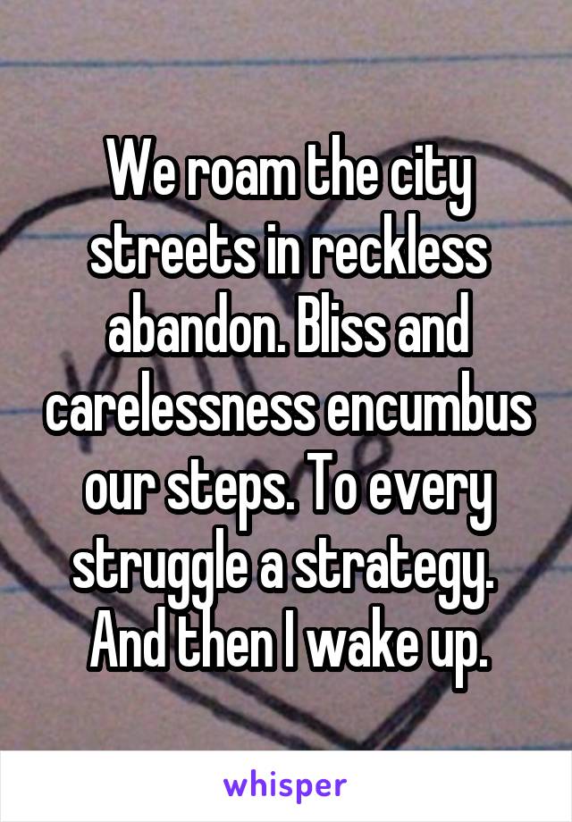We roam the city streets in reckless abandon. Bliss and carelessness encumbus our steps. To every struggle a strategy. 
And then I wake up.