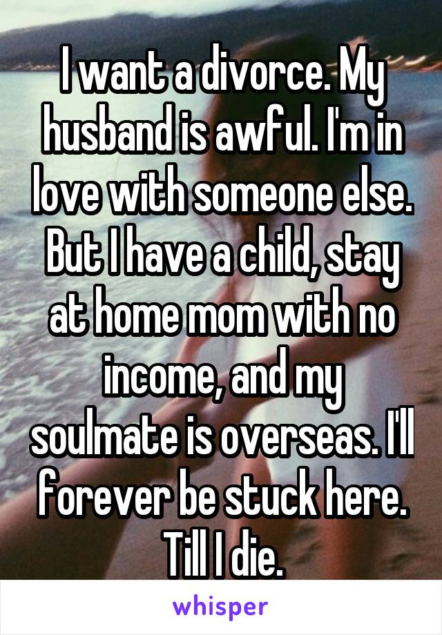 I want a divorce. My husband is awful. I'm in love with someone else. But I have a child, stay at home mom with no income, and my soulmate is overseas. I'll forever be stuck here. Till I die.