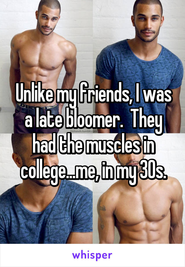 Unlike my friends, I was a late bloomer.  They had the muscles in college...me, in my 30s.