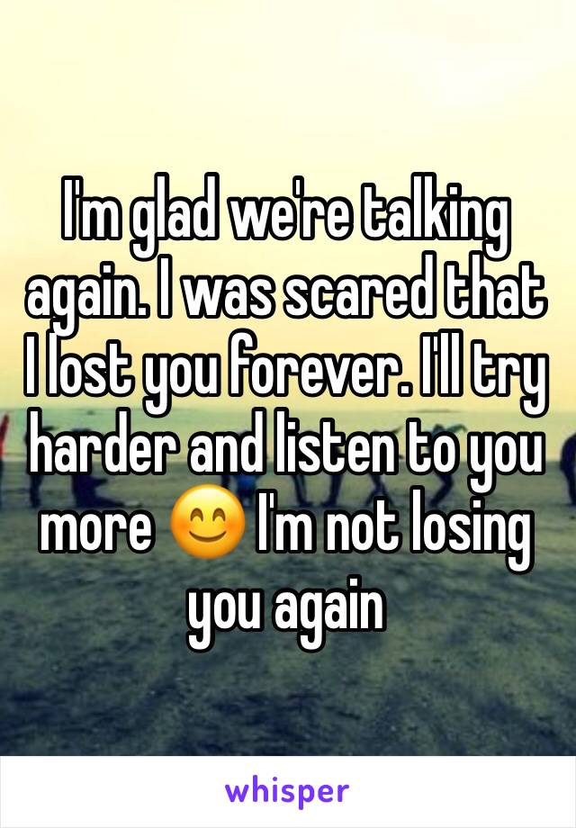 I'm glad we're talking again. I was scared that I lost you forever. I'll try harder and listen to you more 😊 I'm not losing you again 