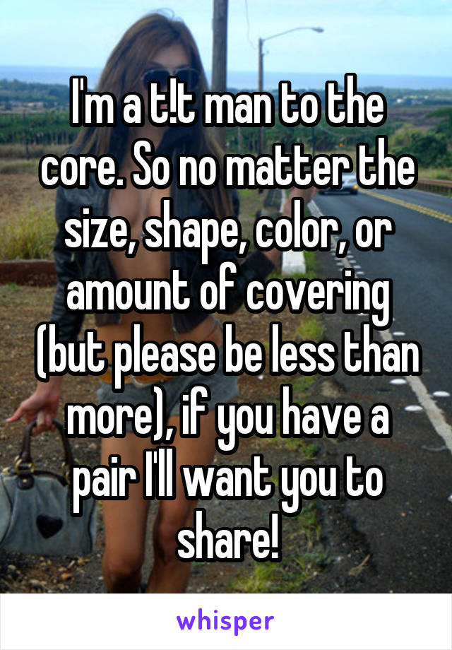 I'm a t!t man to the core. So no matter the size, shape, color, or amount of covering (but please be less than more), if you have a pair I'll want you to share!